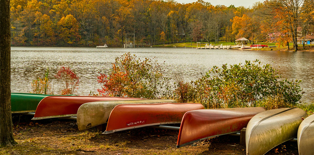 canoes lining a lake in the fall